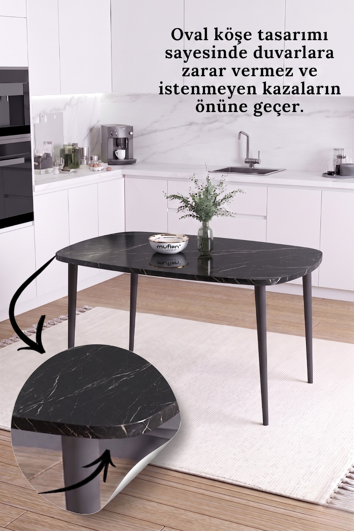 LUNA İskandinav Bohem Oval Metal Ayaklı Siyah Mermer Desen Mutfak-Yemek-Balkon-Çalışma Masası
