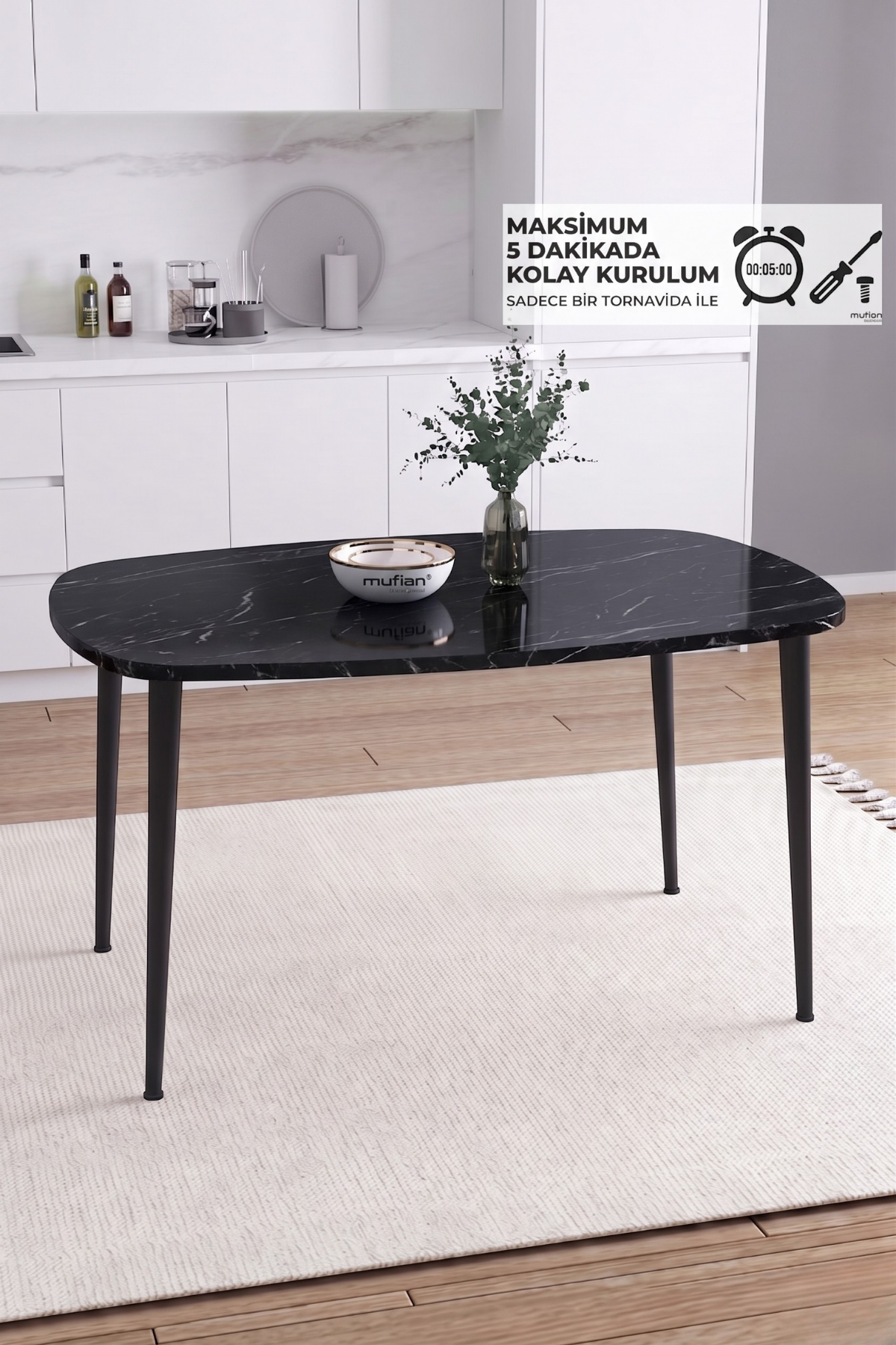 LUNA İskandinav Bohem Oval Metal Ayaklı Siyah Mermer Desen Mutfak-Yemek-Balkon-Çalışma Masası
