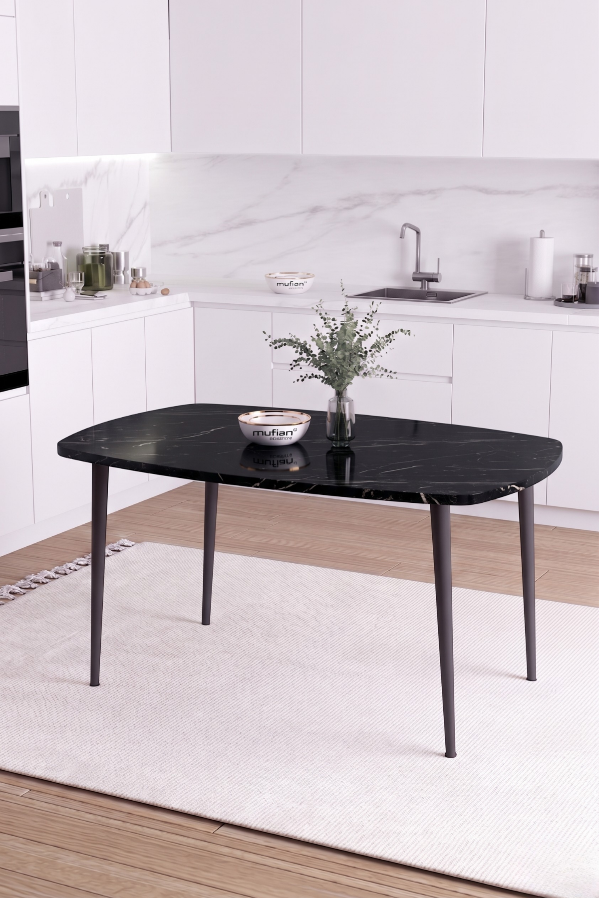 LUNA İskandinav Bohem Oval Metal Ayaklı Siyah Mermer Desen Mutfak-Yemek-Balkon-Çalışma Masası