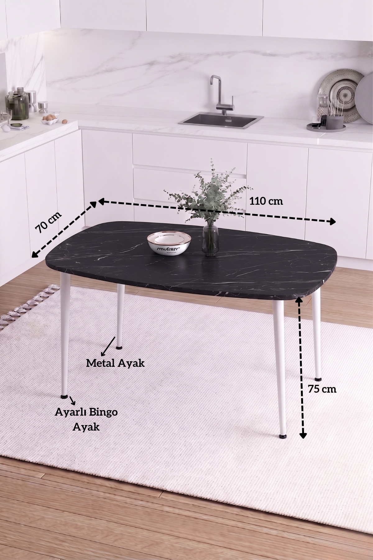 LUNA İskandinav Bohem Oval Beyaz Metal Ayaklı Siyah Mermer Desen Mutfak-Yemek-Balkon-Çalışma Masası