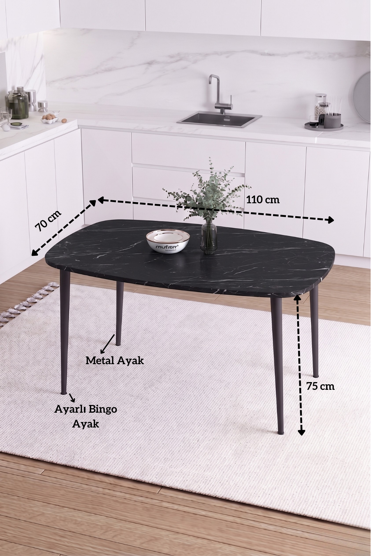 LUNA İskandinav Bohem Oval Metal Ayaklı Siyah Mermer Desen Mutfak-Yemek-Balkon-Çalışma Masası