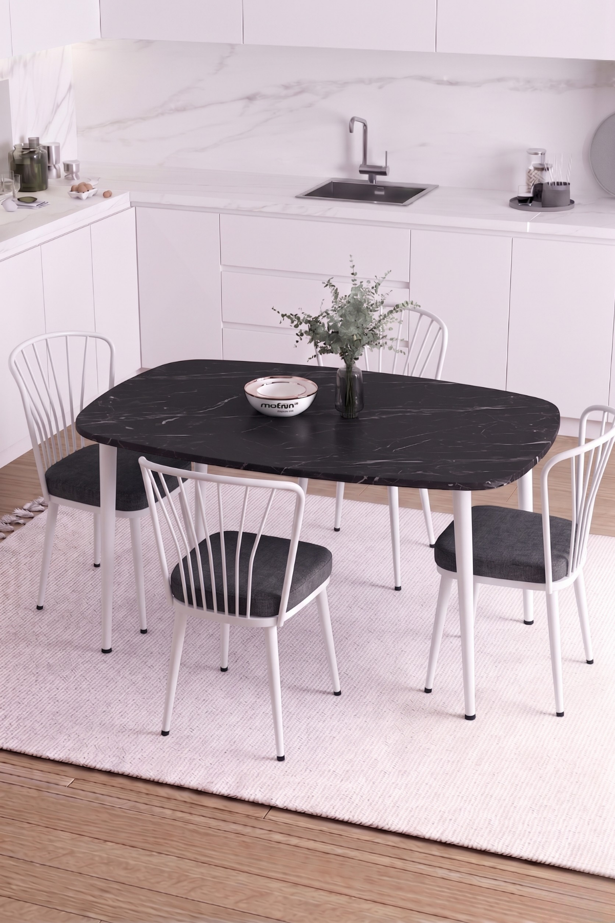 LUNA İskandinav Bohem Oval Beyaz Metal Ayaklı Siyah Mermer Desen Mutfak-Yemek-Balkon-Çalışma Masası