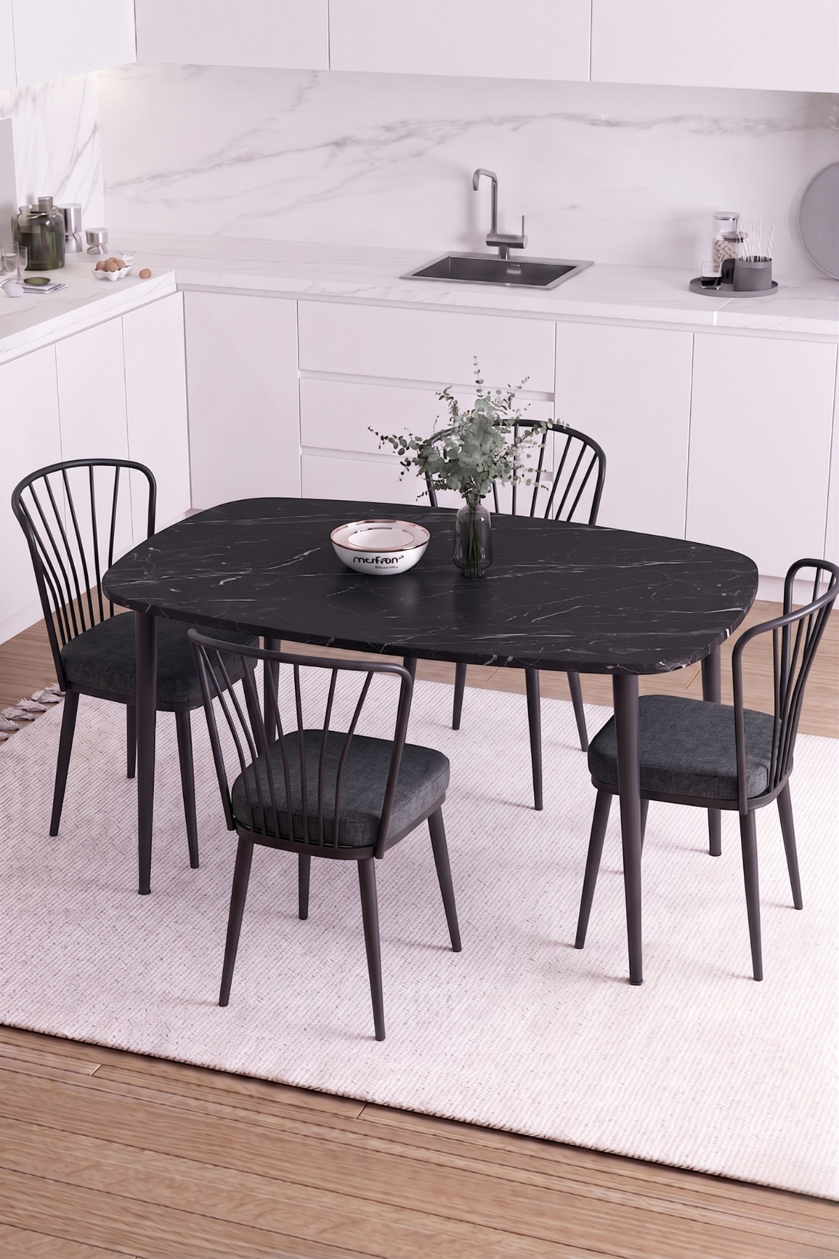 LUNA İskandinav Bohem Oval Metal Ayaklı Siyah Mermer Desen Mutfak-Yemek-Balkon-Çalışma Masası