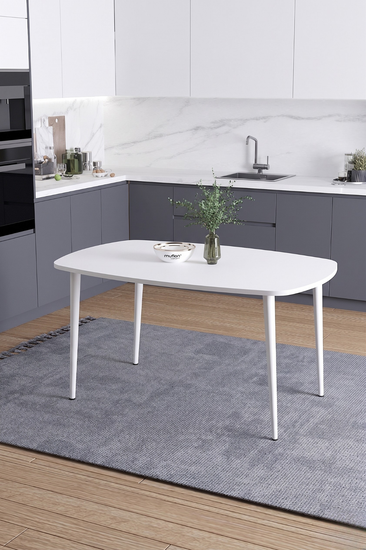 LUNA İskandinav Bohem Oval Beyaz Metal Ayaklı Beyaz Mutfak-Yemek-Balkon-Çalışma Masası