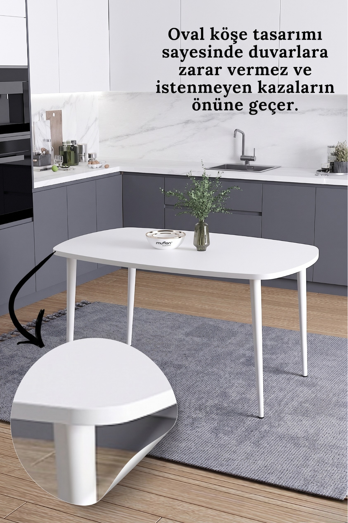 LUNA İskandinav Bohem Oval Beyaz Metal Ayaklı Beyaz Mutfak-Yemek-Balkon-Çalışma Masası