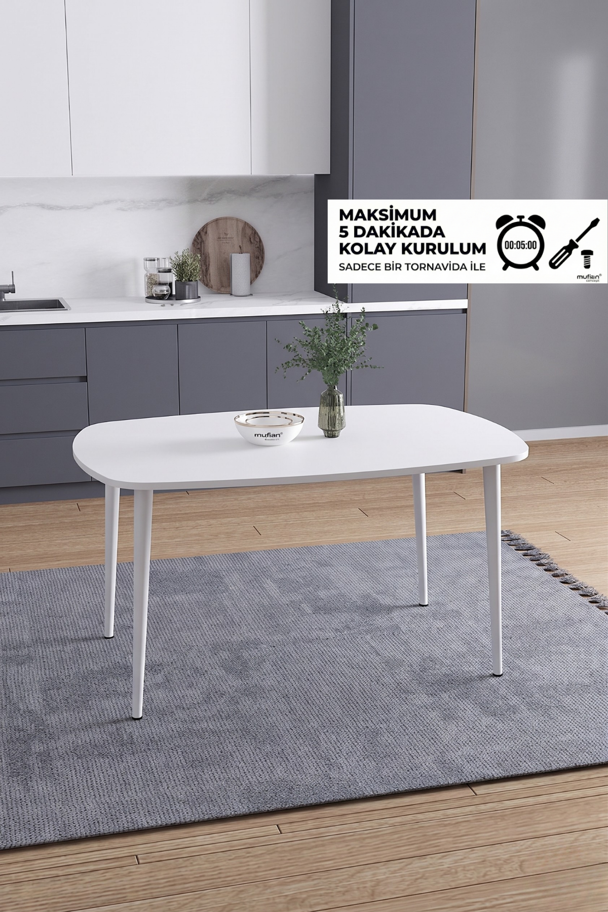 LUNA İskandinav Bohem Oval Beyaz Metal Ayaklı Beyaz Mutfak-Yemek-Balkon-Çalışma Masası