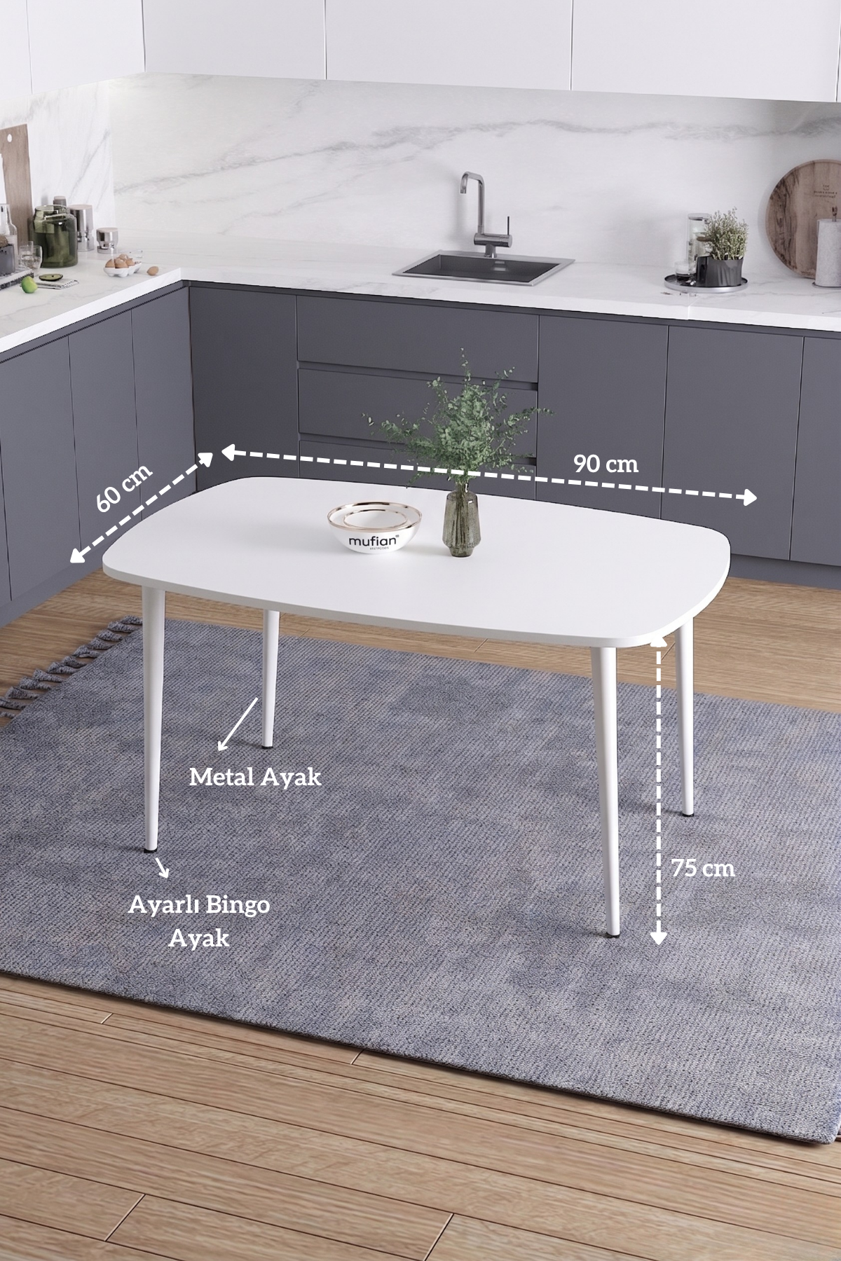LUNA İskandinav Bohem Oval Beyaz Metal Ayaklı Beyaz Mutfak-Yemek-Balkon-Çalışma Masası