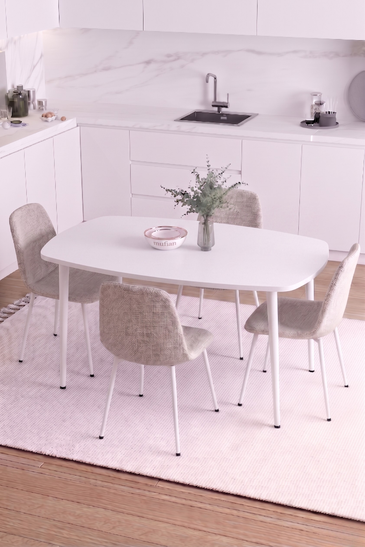 LUNA İskandinav Bohem Oval Beyaz Metal Ayaklı Beyaz Mutfak-Yemek-Balkon-Çalışma Masası