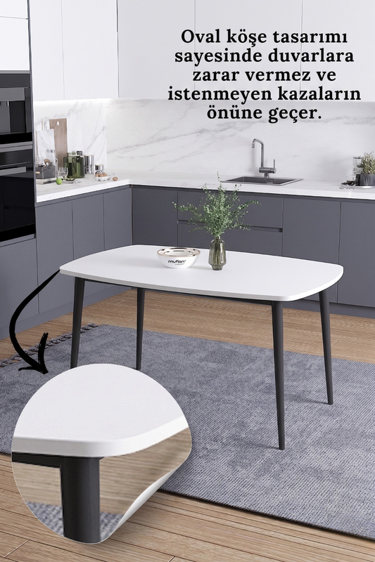LUNA İskandinav Bohem Oval Metal Ayaklı Beyaz Mutfak-Yemek-Balkon-Çalışma Masası
