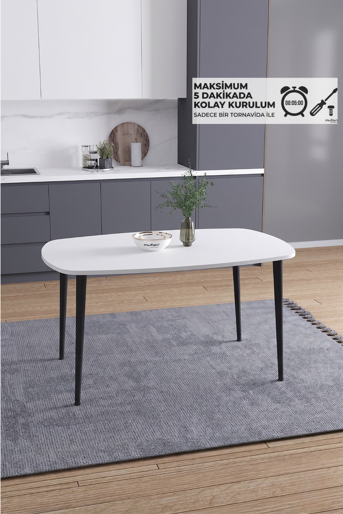 LUNA İskandinav Bohem Oval Metal Ayaklı Beyaz Mutfak-Yemek-Balkon-Çalışma Masası