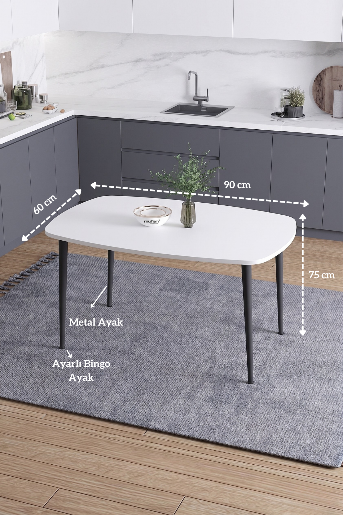LUNA İskandinav Bohem Oval Metal Ayaklı Beyaz Mutfak-Yemek-Balkon-Çalışma Masası