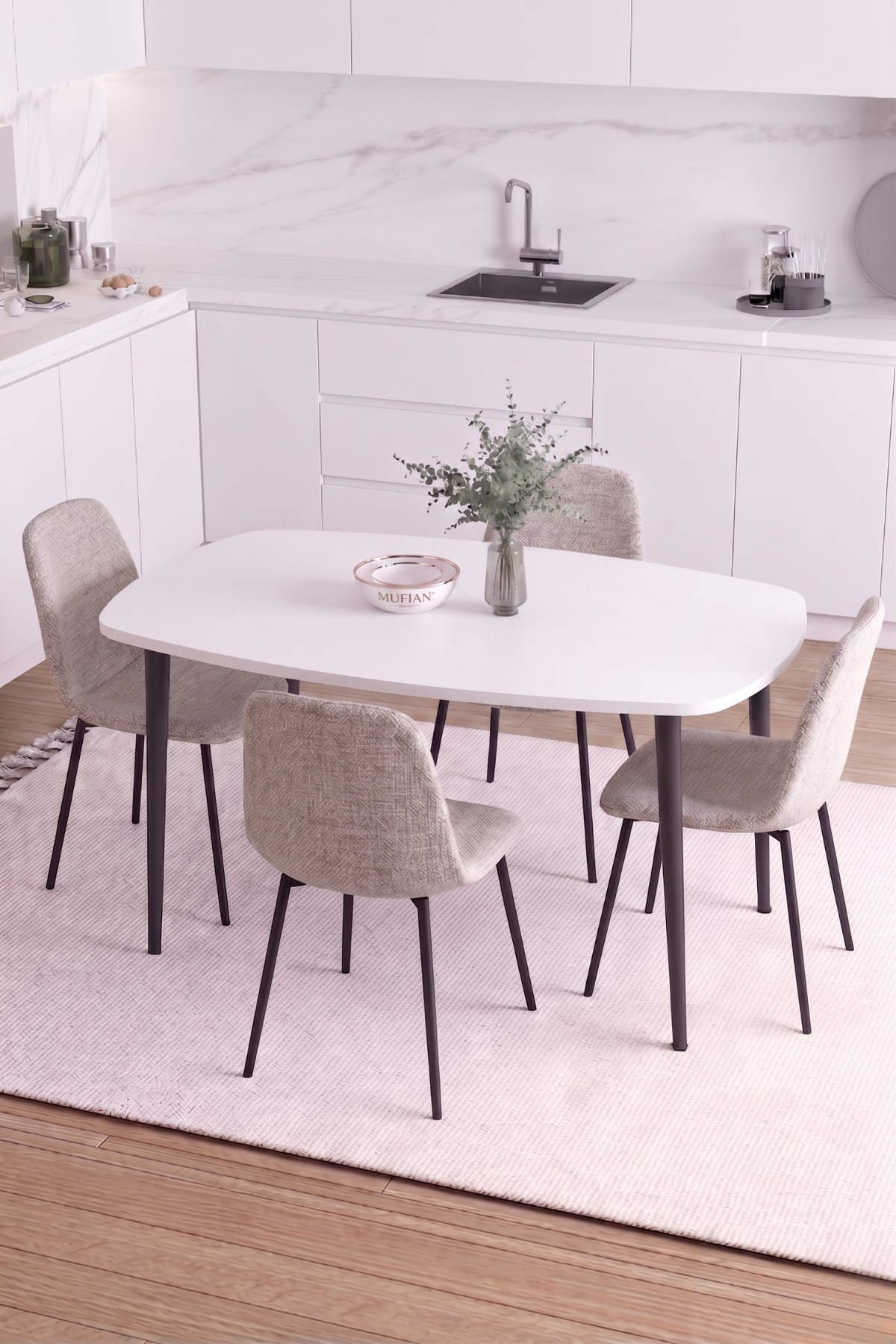 LUNA İskandinav Bohem Oval Metal Ayaklı Beyaz Mutfak-Yemek-Balkon-Çalışma Masası