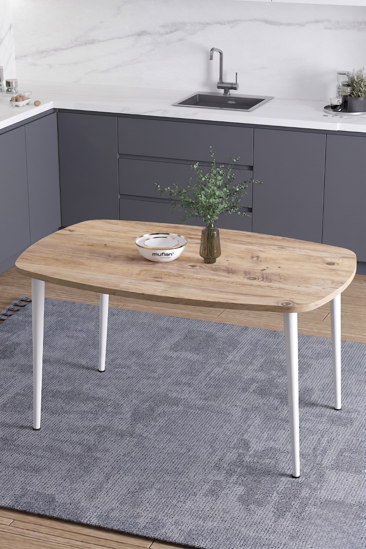 LUNA İskandinav Bohem Oval Beyaz Metal Ayaklı Atlantik Çam Mutfak-Yemek-Balkon-Çalışma Masası