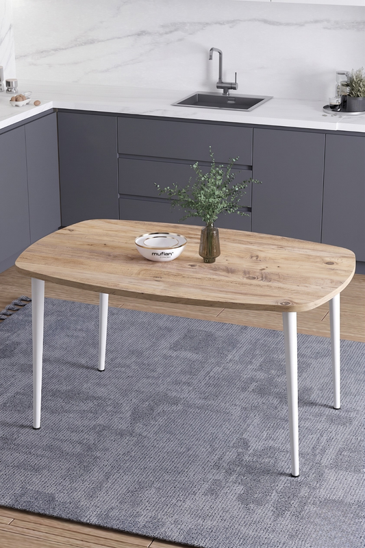 LUNA İskandinav Bohem Oval Beyaz Metal Ayaklı Atlantik Çam Mutfak-Yemek-Balkon-Çalışma Masası