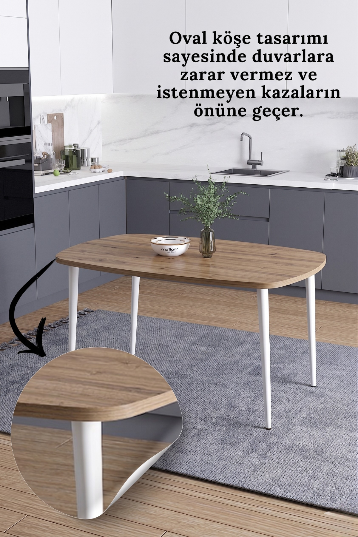 LUNA İskandinav Bohem Oval Beyaz Metal Ayaklı Atlantik Çam Mutfak-Yemek-Balkon-Çalışma Masası