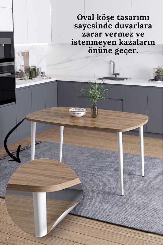 LUNA İskandinav Bohem Oval Beyaz Metal Ayaklı Atlantik Çam Mutfak-Yemek-Balkon-Çalışma Masası