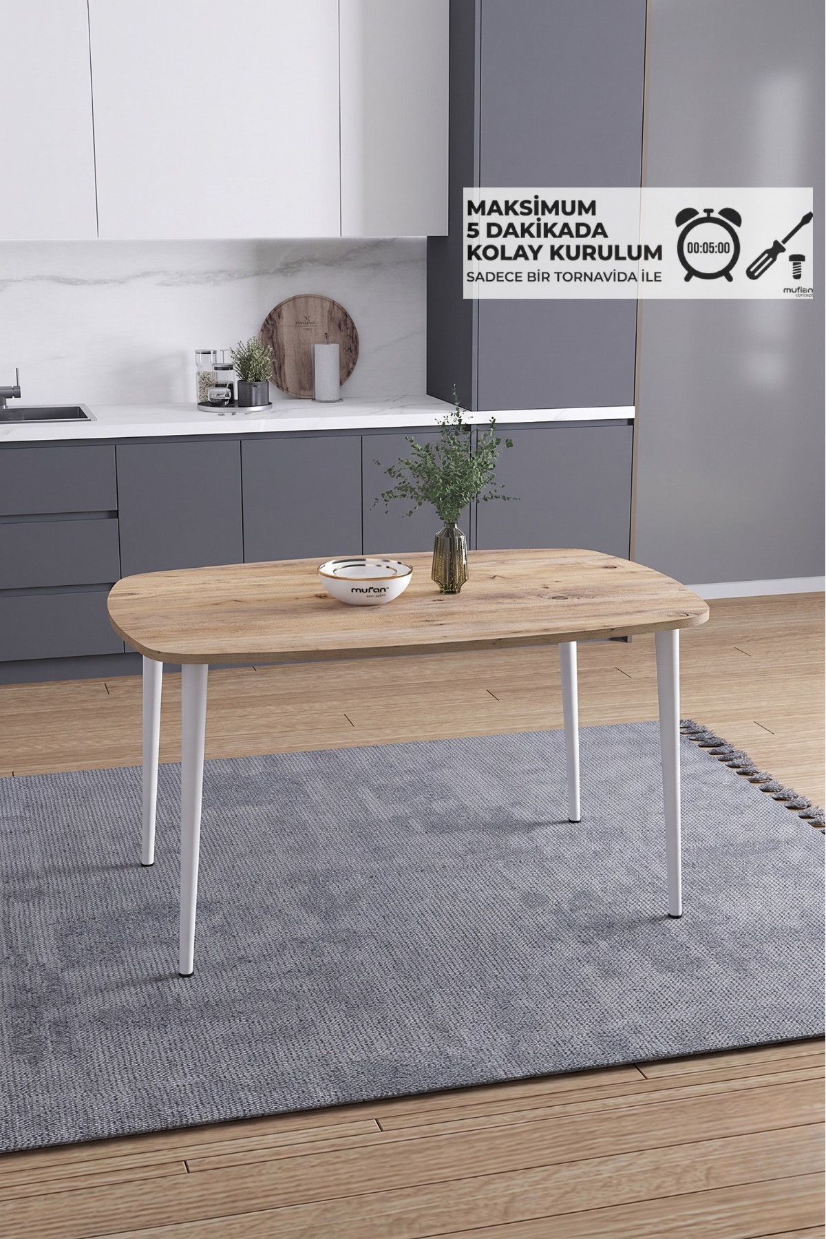 LUNA İskandinav Bohem Oval Beyaz Metal Ayaklı Atlantik Çam Mutfak-Yemek-Balkon-Çalışma Masası