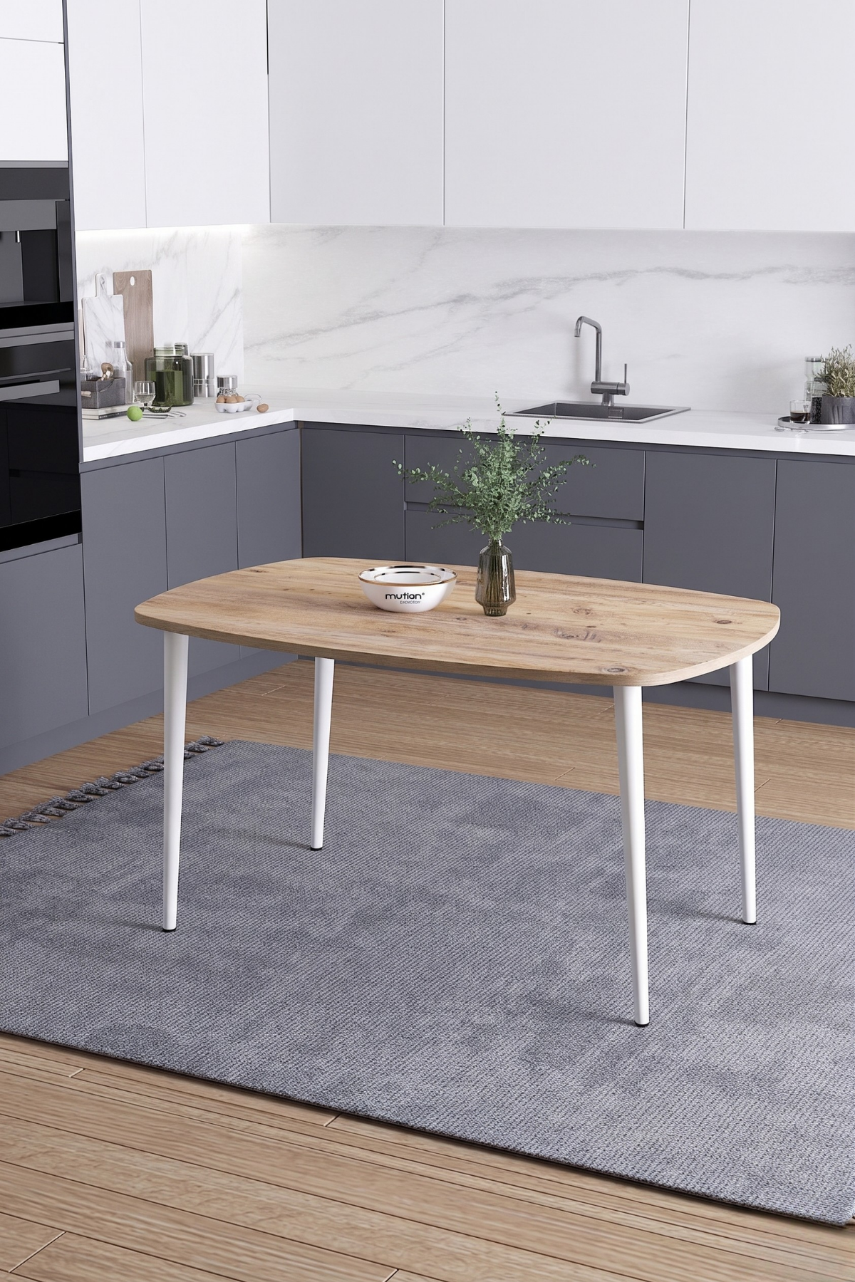 LUNA İskandinav Bohem Oval Beyaz Metal Ayaklı Atlantik Çam Mutfak-Yemek-Balkon-Çalışma Masası