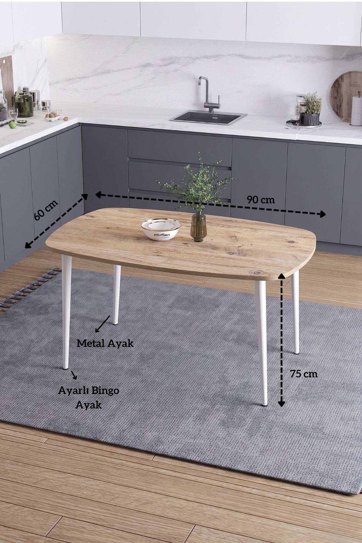 LUNA İskandinav Bohem Oval Beyaz Metal Ayaklı Atlantik Çam Mutfak-Yemek-Balkon-Çalışma Masası