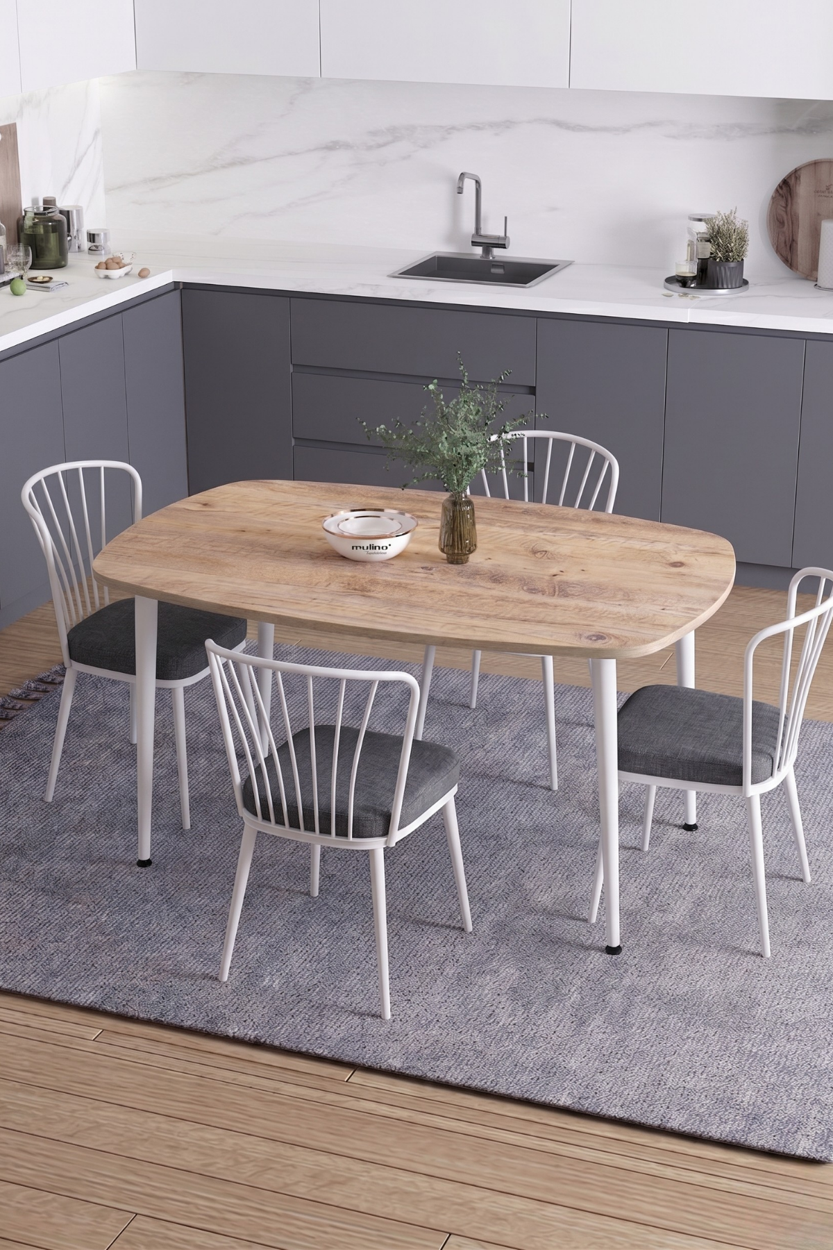 LUNA İskandinav Bohem Oval Beyaz Metal Ayaklı Atlantik Çam Mutfak-Yemek-Balkon-Çalışma Masası