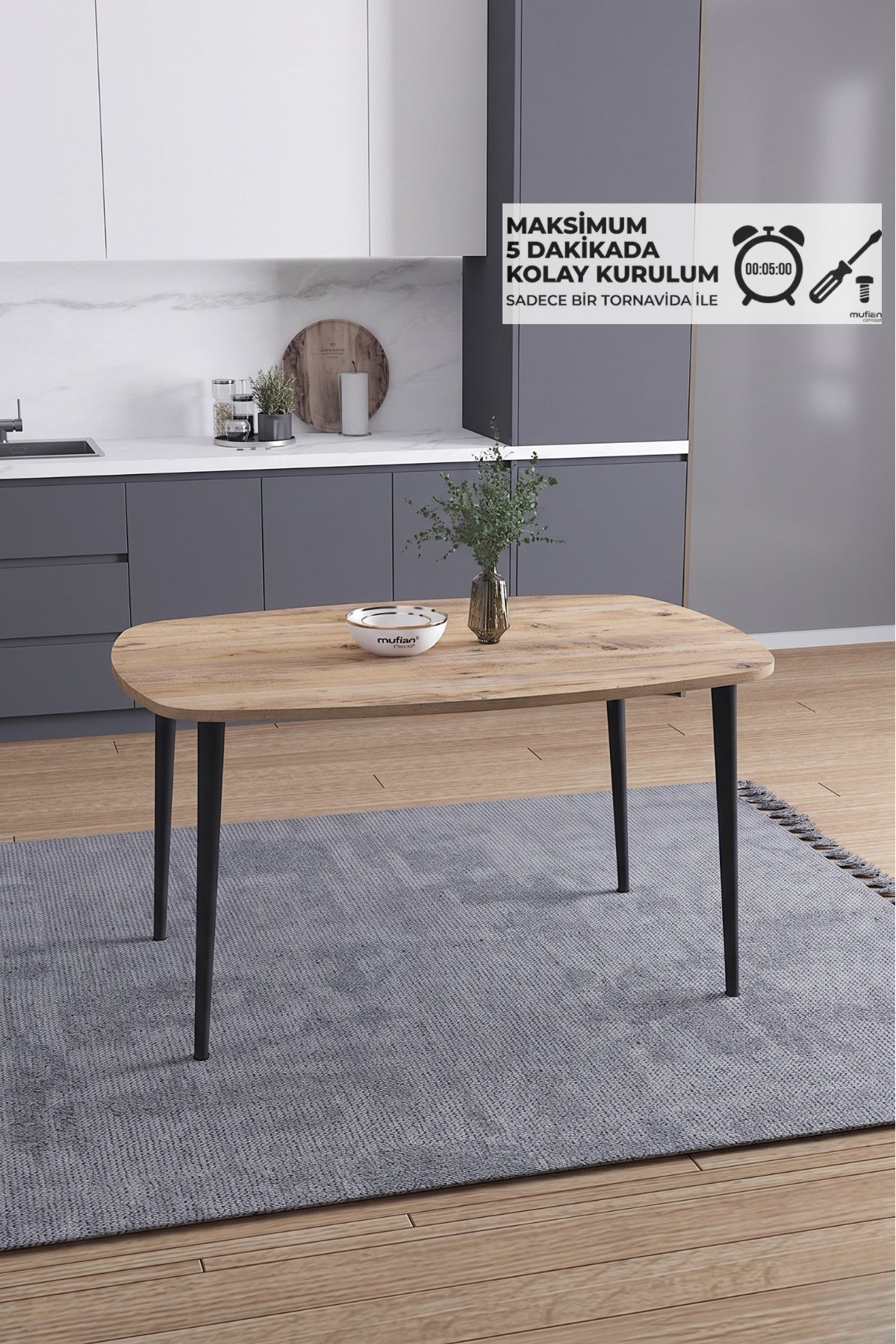 LUNA İskandinav Bohem Oval Metal Ayaklı Atlantik Çam Mutfak-Yemek-Balkon-Çalışma Masası