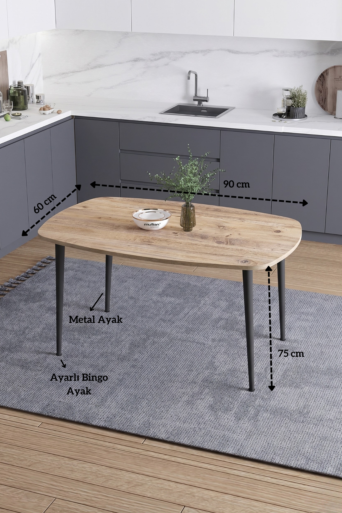 LUNA İskandinav Bohem Oval Metal Ayaklı Atlantik Çam Mutfak-Yemek-Balkon-Çalışma Masası