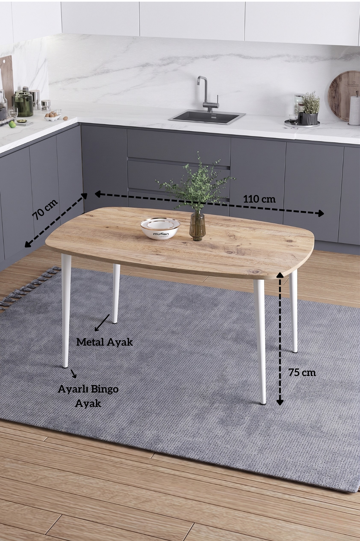 LUNA İskandinav Bohem Oval Beyaz Metal Ayaklı Atlantik Çam Mutfak-Yemek-Balkon-Çalışma Masası