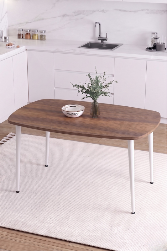 LUNA İskandinav Bohem Oval Beyaz Metal Ayaklı Ceviz Mutfak-Yemek-Balkon-Çalışma Masası