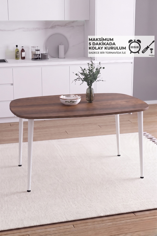 LUNA İskandinav Bohem Oval Beyaz Metal Ayaklı Ceviz Mutfak-Yemek-Balkon-Çalışma Masası