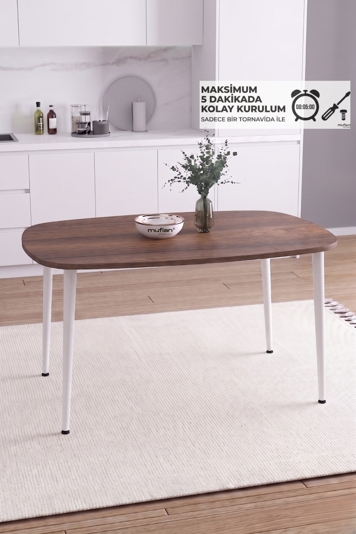 LUNA İskandinav Bohem Oval Beyaz Metal Ayaklı Ceviz Mutfak-Yemek-Balkon-Çalışma Masası