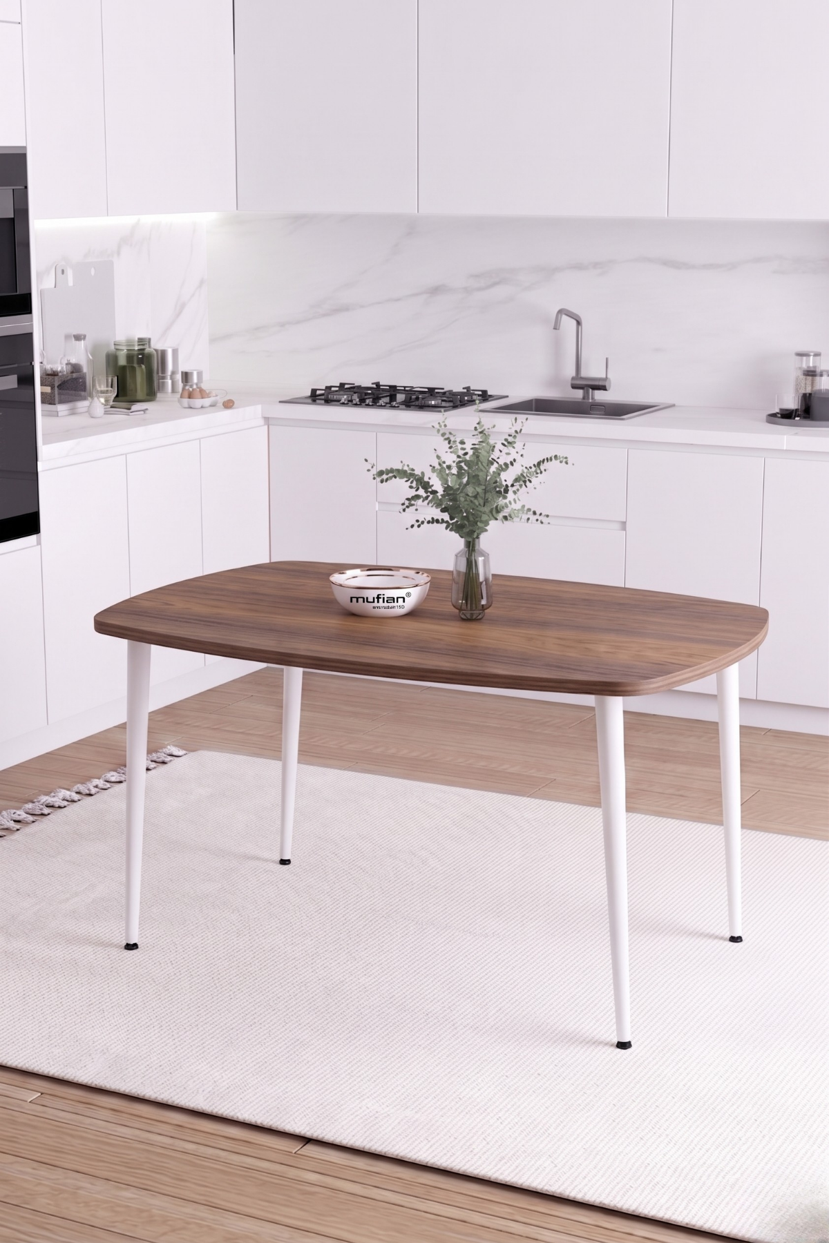 LUNA İskandinav Bohem Oval Beyaz Metal Ayaklı Ceviz Mutfak-Yemek-Balkon-Çalışma Masası