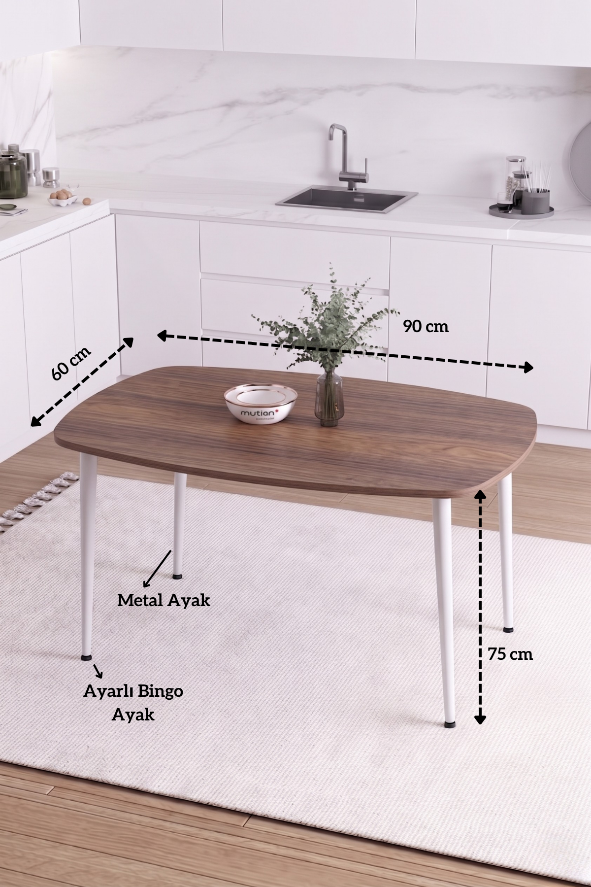 LUNA İskandinav Bohem Oval Beyaz Metal Ayaklı Ceviz Mutfak-Yemek-Balkon-Çalışma Masası
