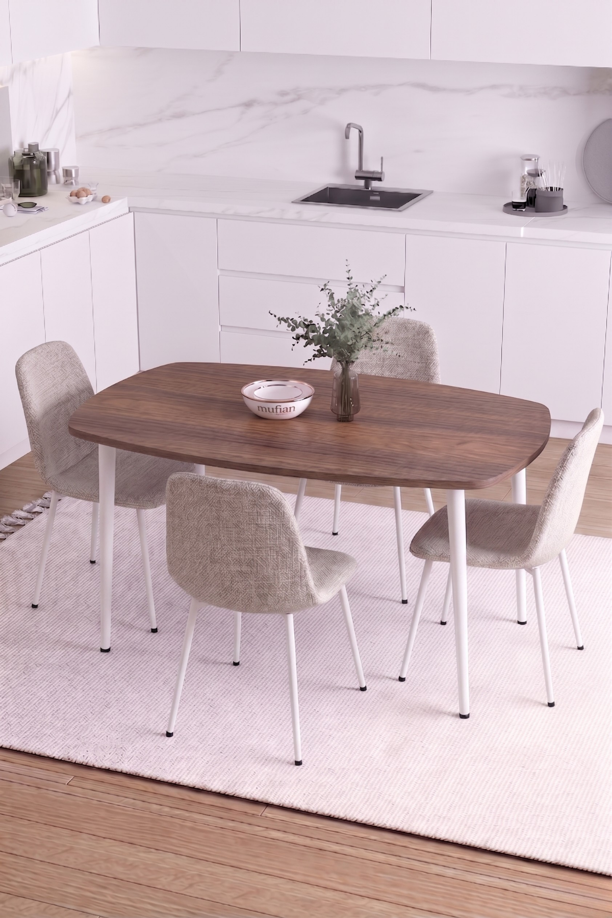 LUNA İskandinav Bohem Oval Beyaz Metal Ayaklı Ceviz Mutfak-Yemek-Balkon-Çalışma Masası