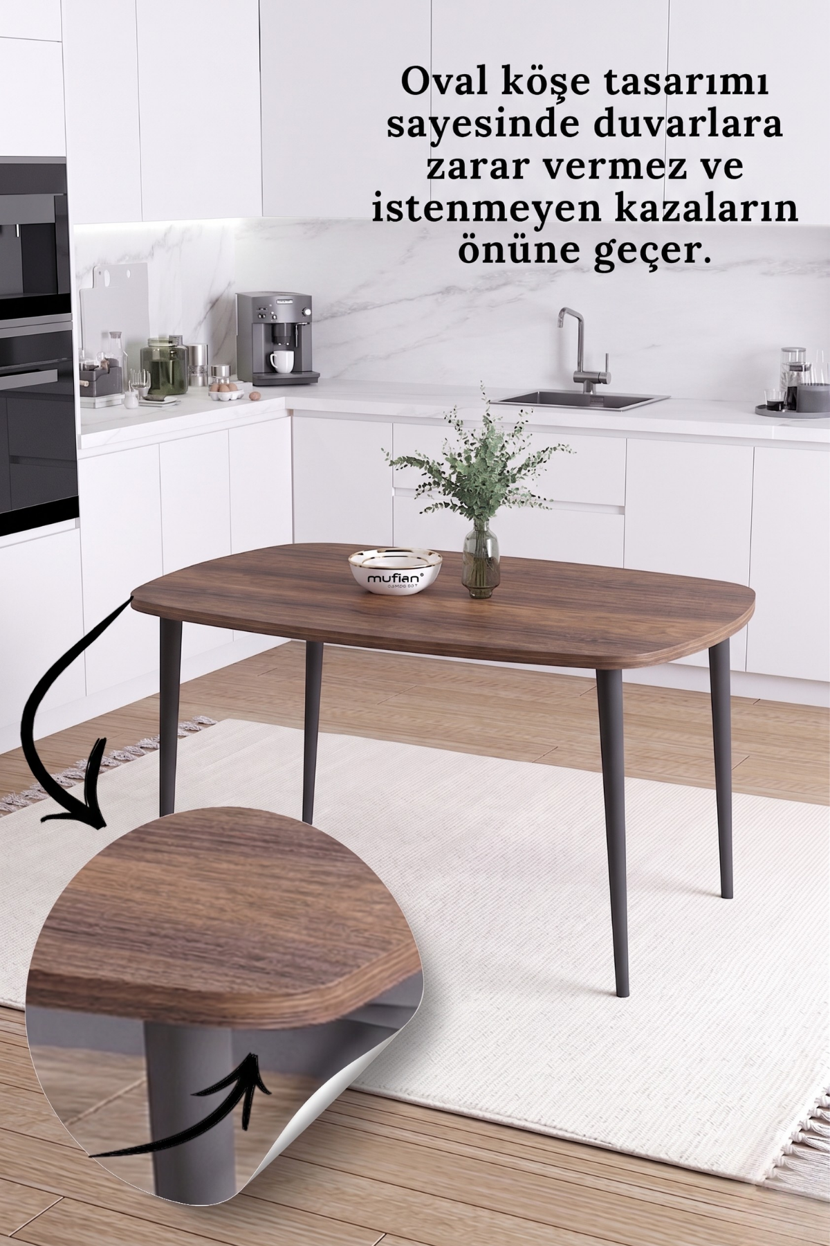 LUNA İskandinav Bohem Oval Metal Ayaklı Ceviz Mutfak-Yemek-Balkon-Çalışma Masası