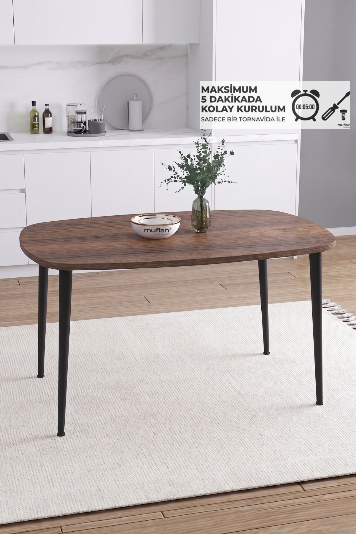 LUNA İskandinav Bohem Oval Metal Ayaklı Ceviz Mutfak-Yemek-Balkon-Çalışma Masası