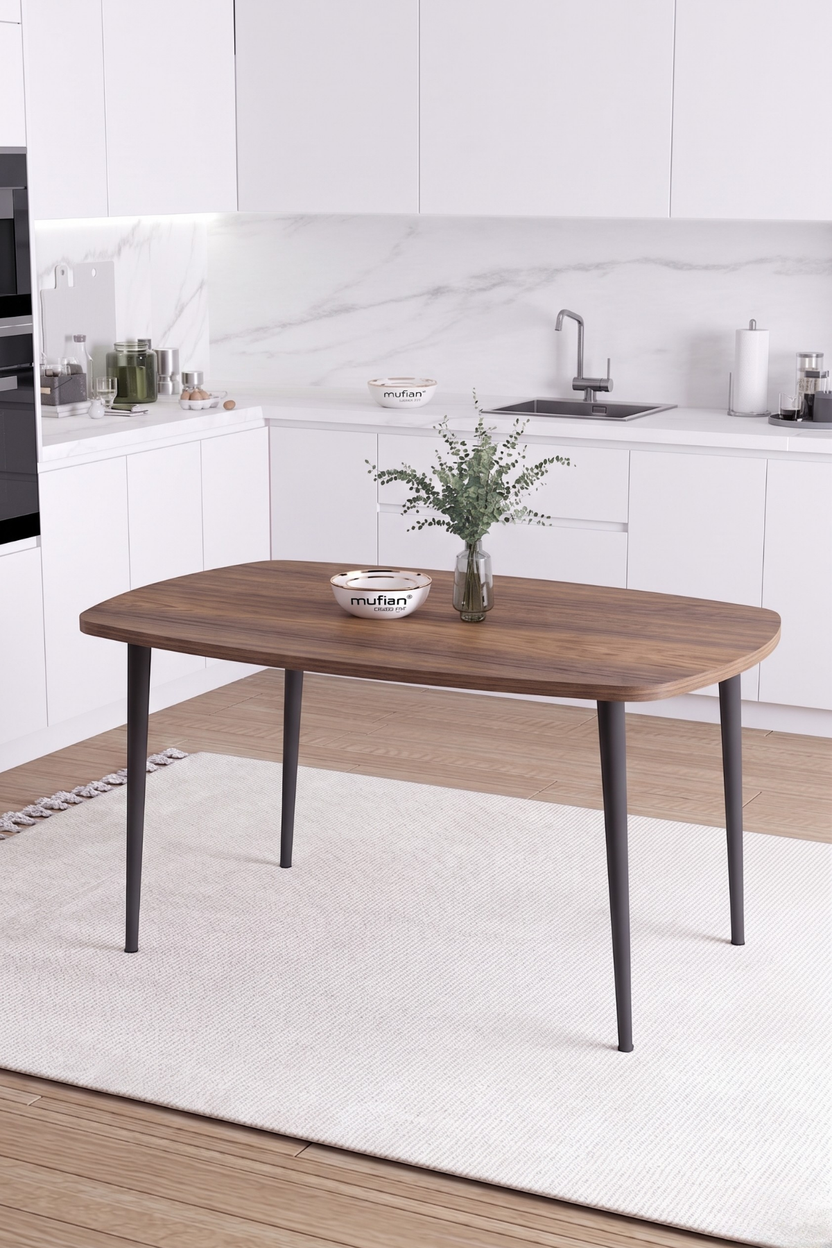 LUNA İskandinav Bohem Oval Metal Ayaklı Ceviz Mutfak-Yemek-Balkon-Çalışma Masası