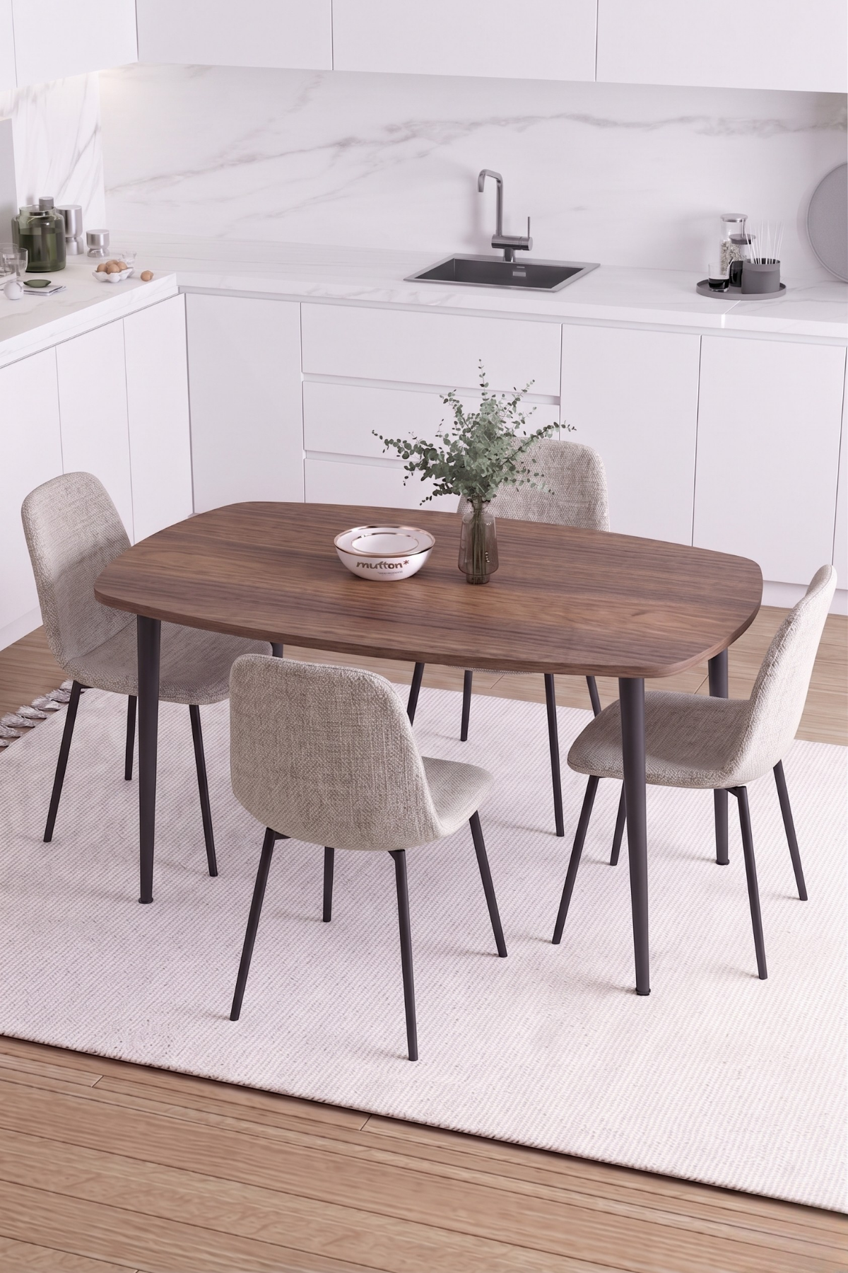 LUNA İskandinav Bohem Oval Metal Ayaklı Ceviz Mutfak-Yemek-Balkon-Çalışma Masası