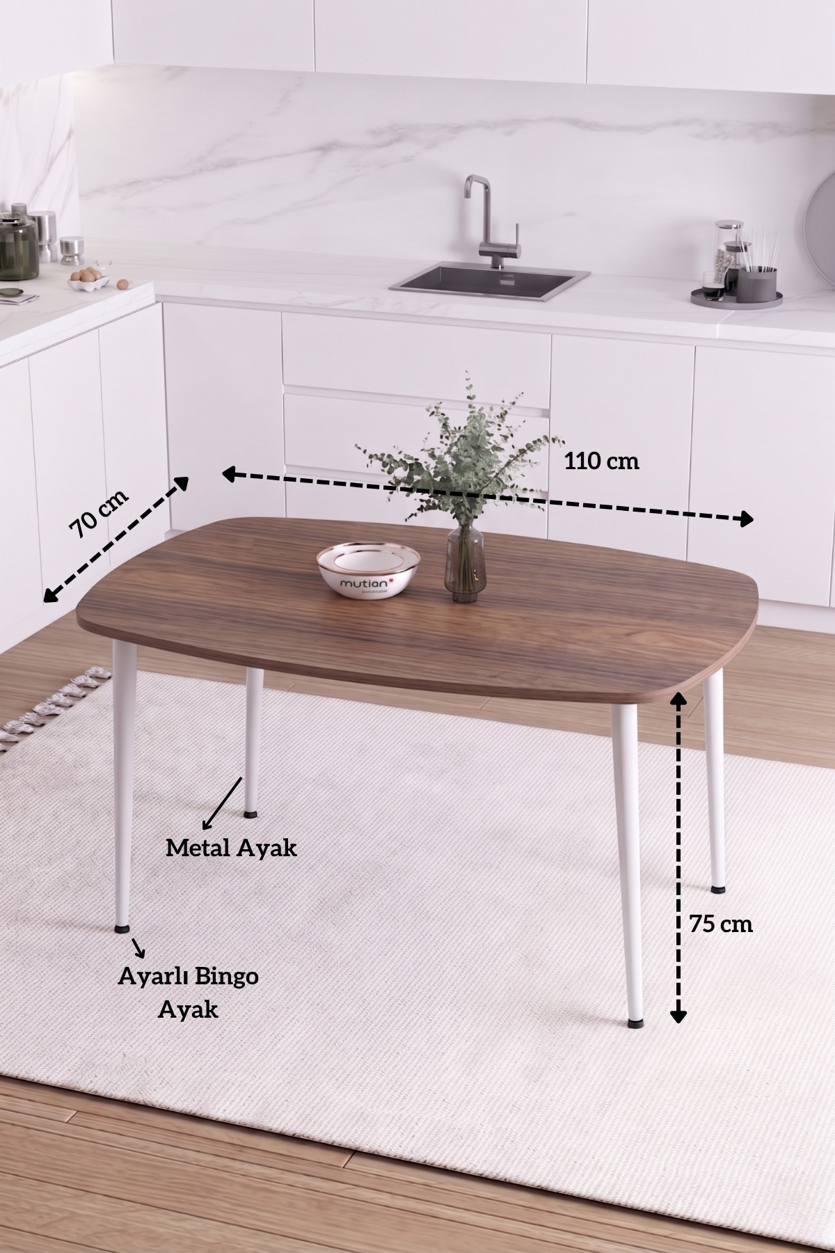 LUNA İskandinav Bohem Oval Beyaz Metal Ayaklı Ceviz Mutfak-Yemek-Balkon-Çalışma Masası