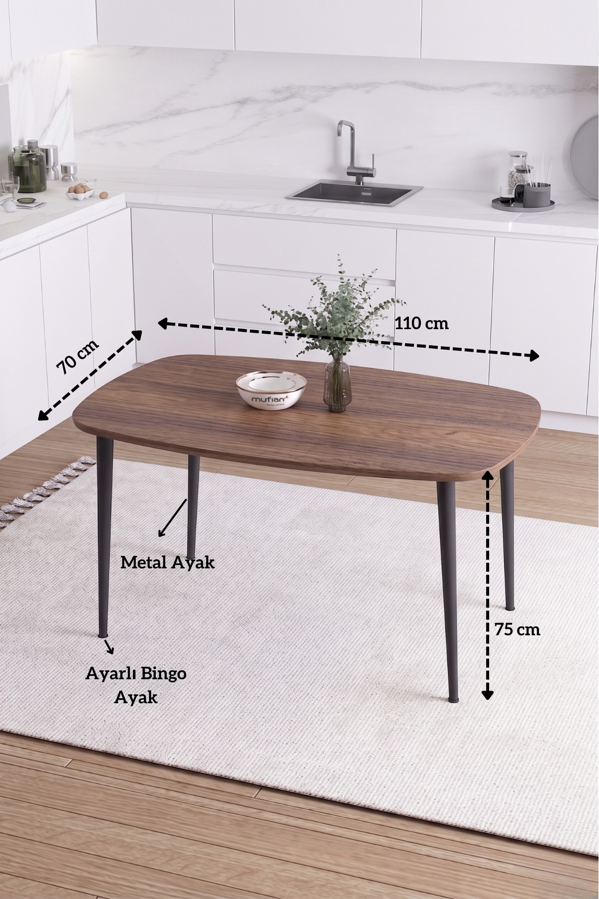 LUNA İskandinav Bohem Oval Metal Ayaklı Ceviz Mutfak-Yemek-Balkon-Çalışma Masası