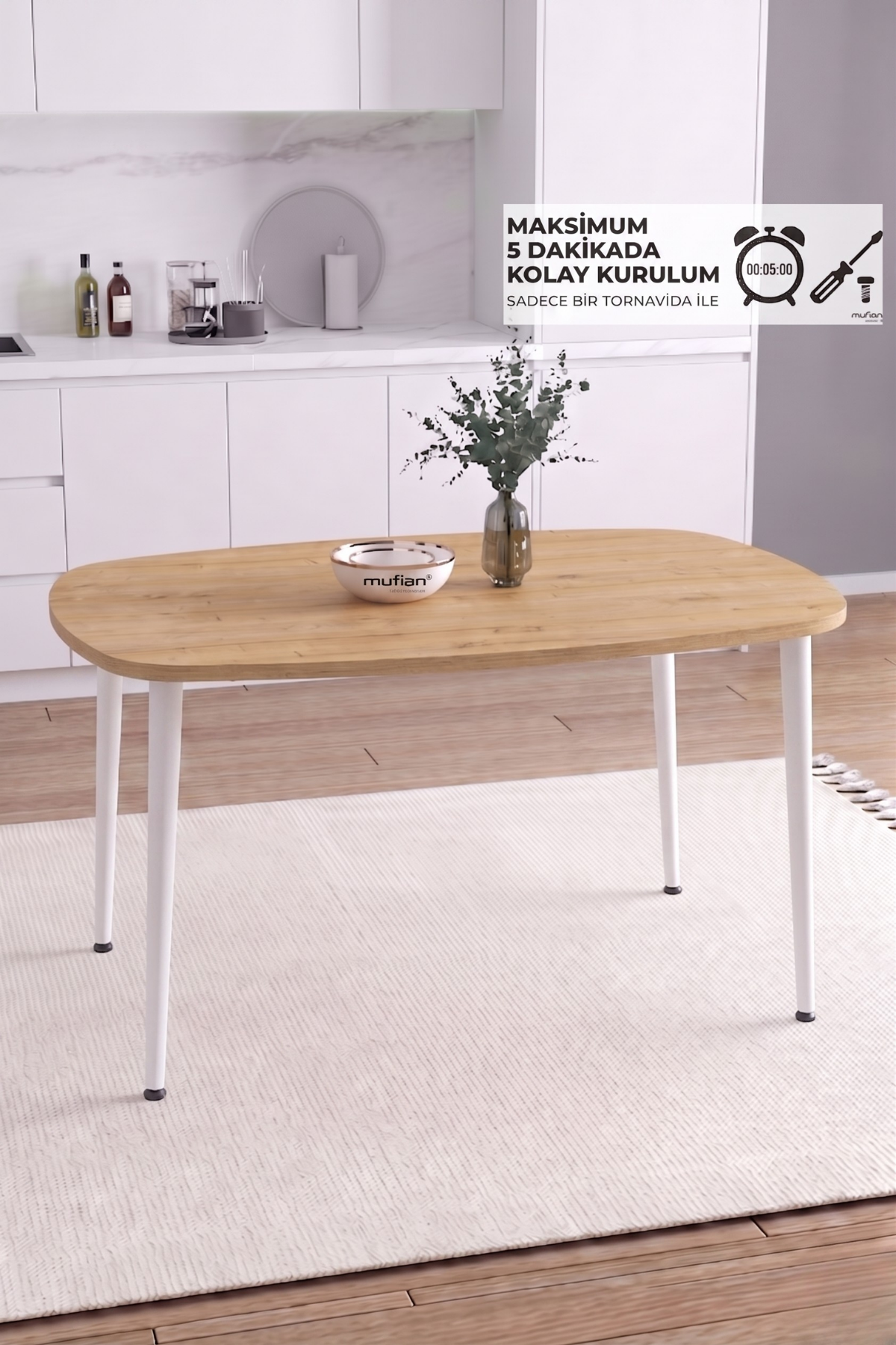 LUNA İskandinav Bohem Oval Beyaz Metal Ayaklı Meşe Mutfak-Yemek-Balkon-Çalışma Masası