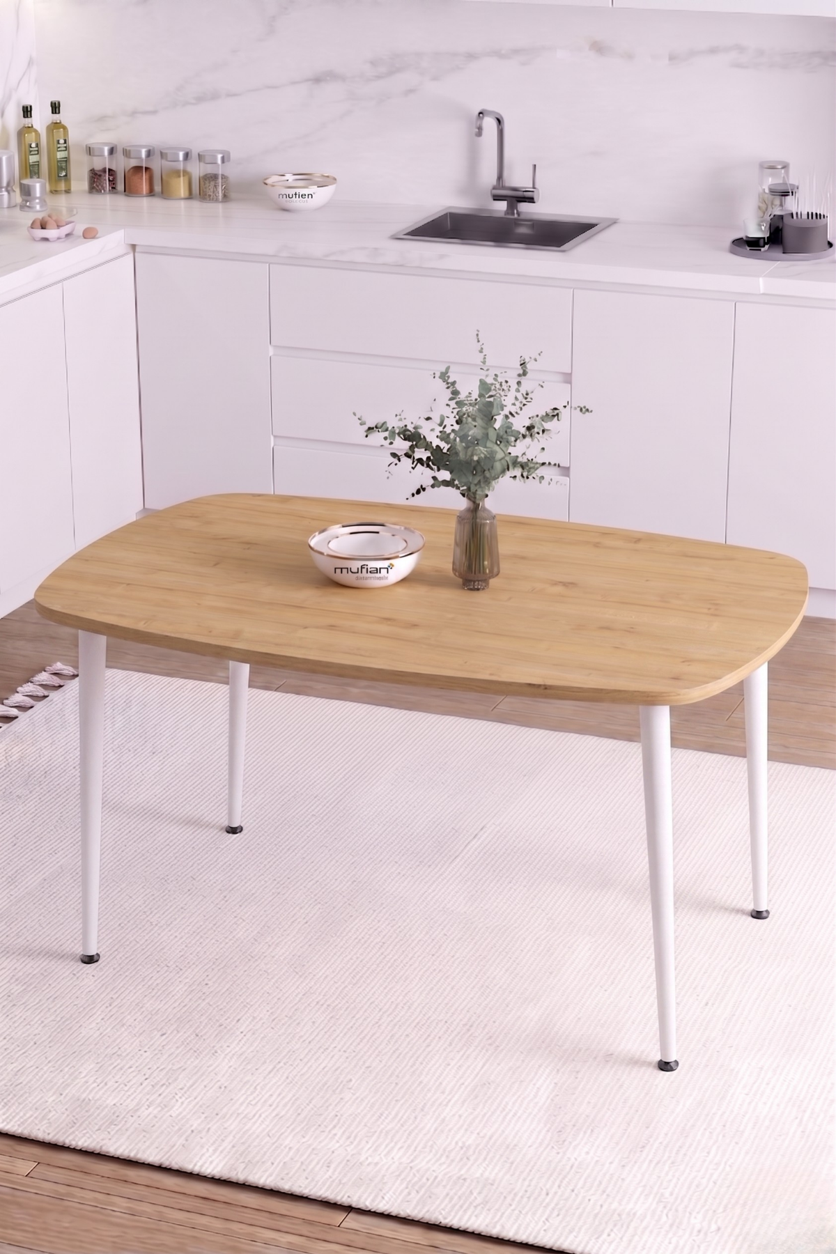 LUNA İskandinav Bohem Oval Beyaz Metal Ayaklı Meşe Mutfak-Yemek-Balkon-Çalışma Masası