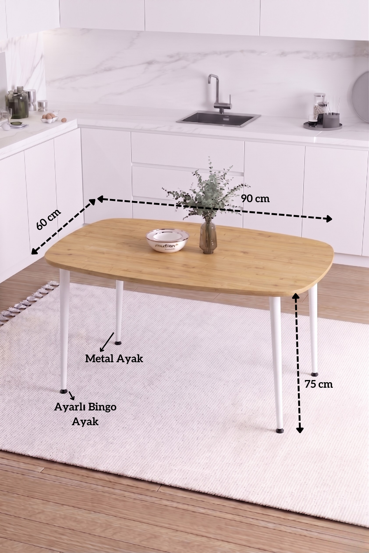LUNA İskandinav Bohem Oval Beyaz Metal Ayaklı Meşe Mutfak-Yemek-Balkon-Çalışma Masası
