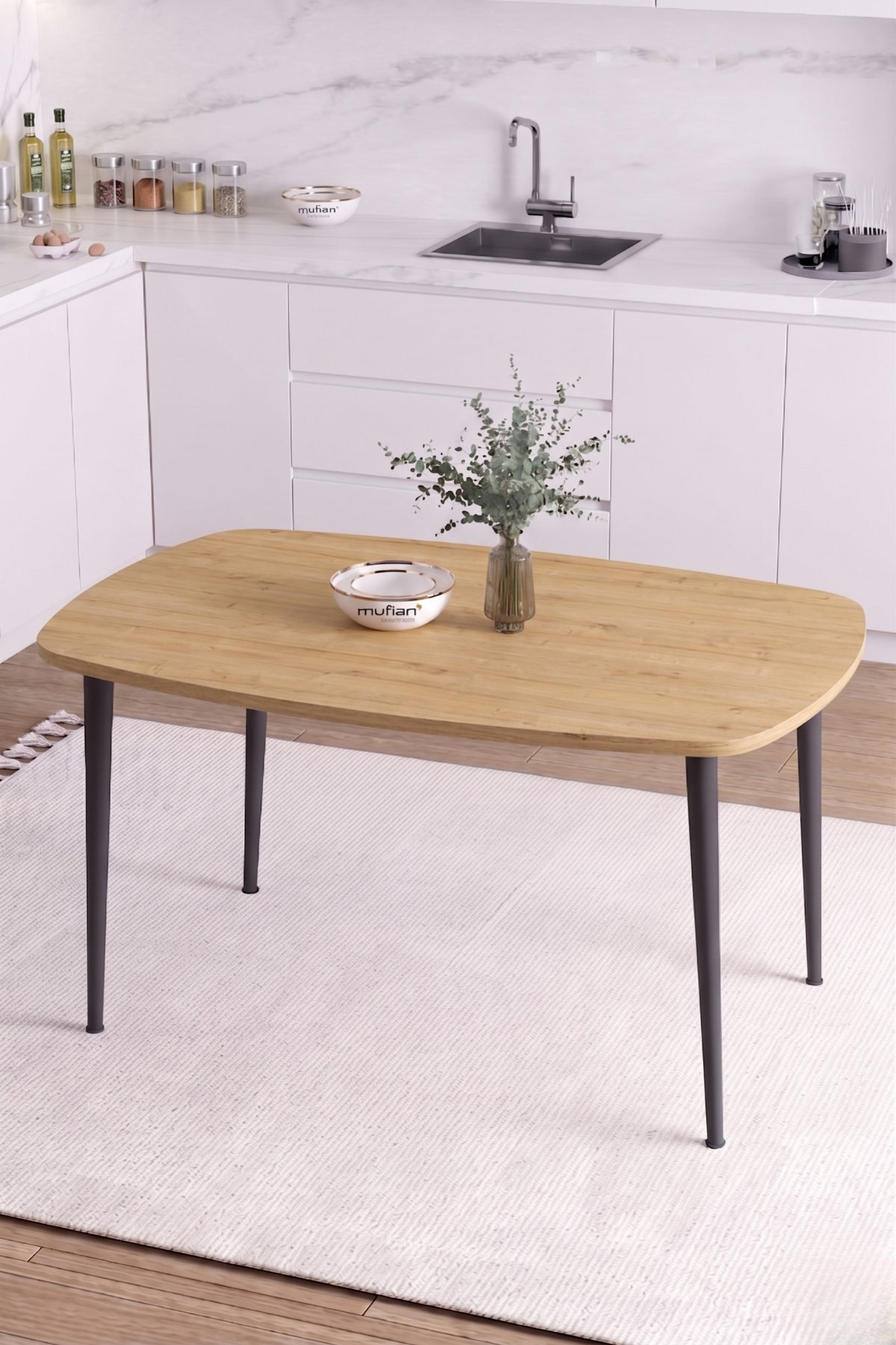 LUNA İskandinav Bohem Oval Metal Ayaklı Meşe Mutfak-Yemek-Balkon-Çalışma Masası