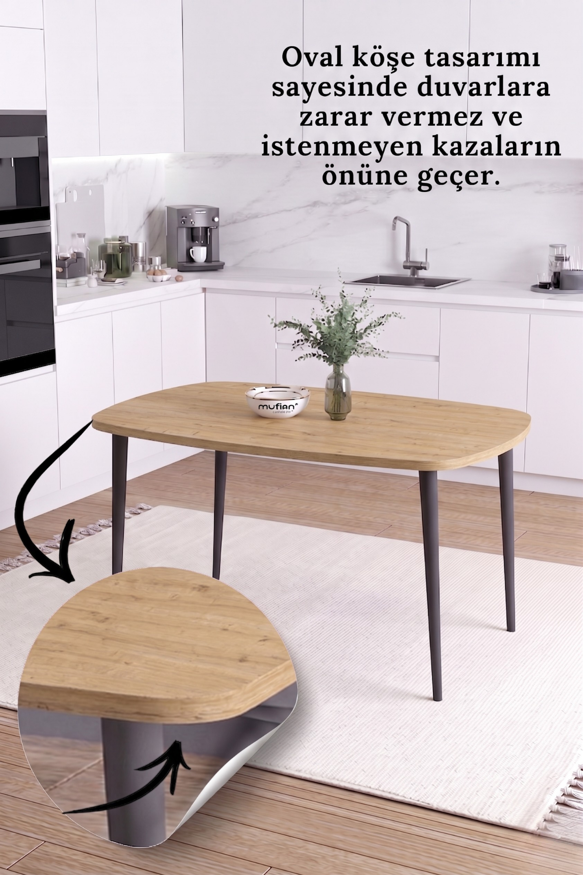 LUNA İskandinav Bohem Oval Metal Ayaklı Meşe Mutfak-Yemek-Balkon-Çalışma Masası
