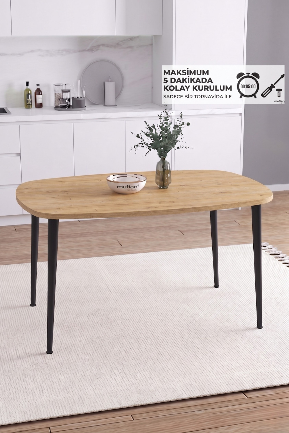 LUNA İskandinav Bohem Oval Metal Ayaklı Meşe Mutfak-Yemek-Balkon-Çalışma Masası
