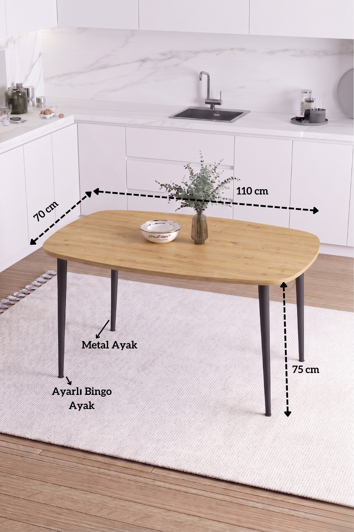 LUNA İskandinav Bohem Oval Metal Ayaklı Meşe Mutfak-Yemek-Balkon-Çalışma Masası