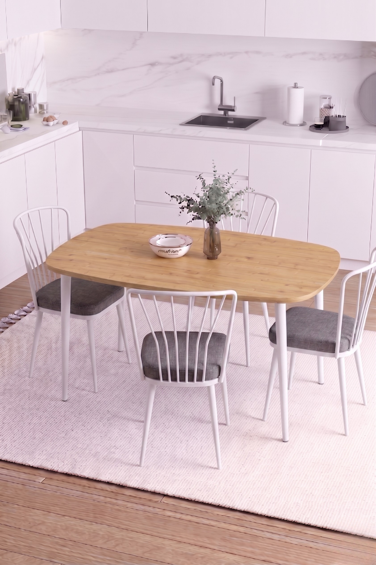 LUNA İskandinav Bohem Oval Beyaz Metal Ayaklı Meşe Mutfak-Yemek-Balkon-Çalışma Masası