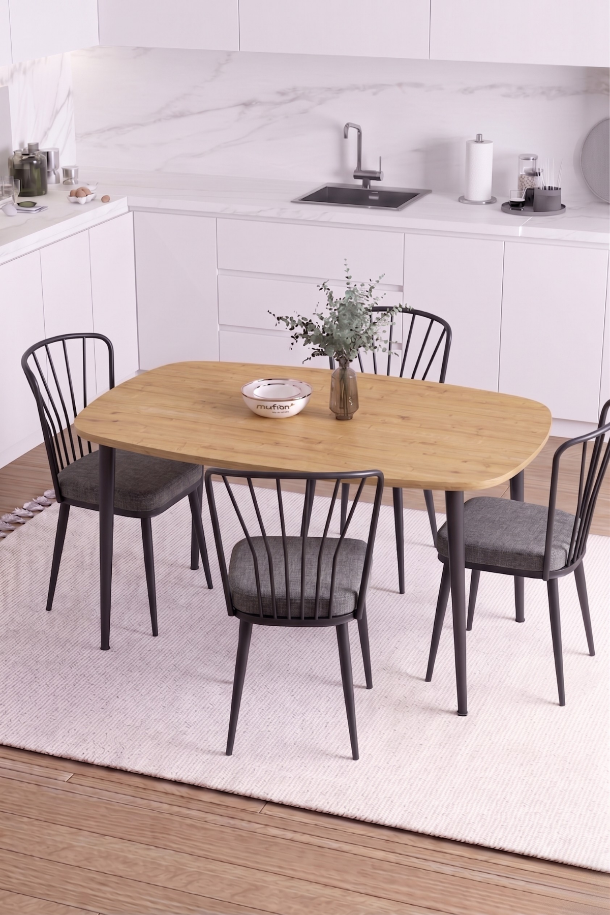 LUNA İskandinav Bohem Oval Metal Ayaklı Meşe Mutfak-Yemek-Balkon-Çalışma Masası