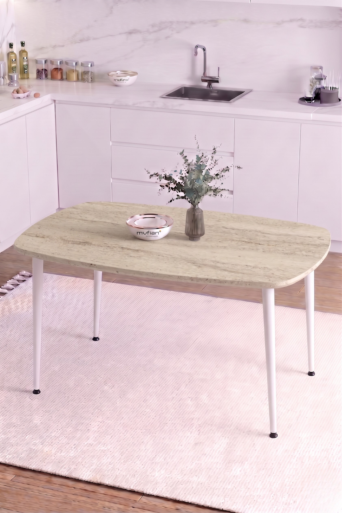 LUNA İskandinav Bohem Oval Beyaz Metal Ayaklı Traverten Desen Mutfak-Yemek-Balkon-Çalışma Masası