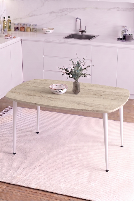 LUNA İskandinav Bohem Oval Beyaz Metal Ayaklı Traverten Desen Mutfak-Yemek-Balkon-Çalışma Masası